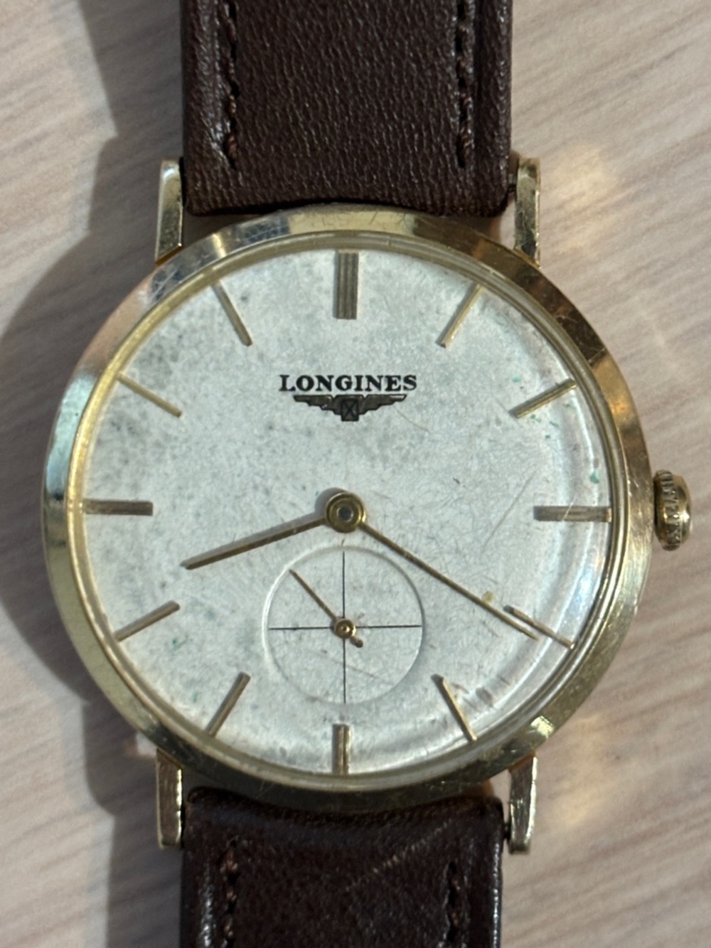 Longines Gold and White Dial Watch with Brown Strap